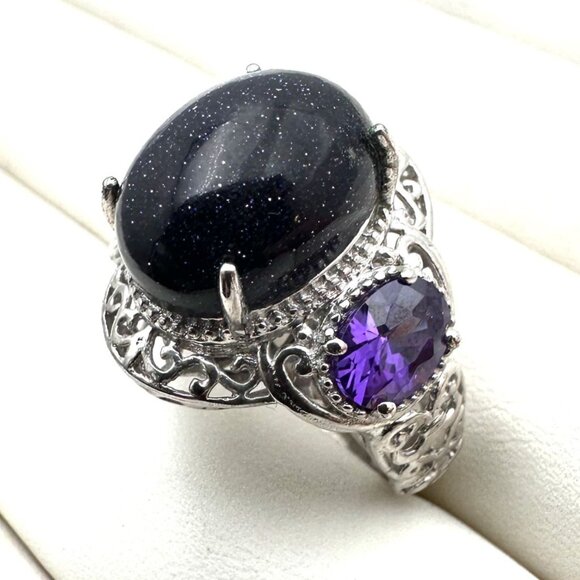Chuck Celmency Blue Gold Stone & Amethyst Statement Ring Sterling Silver Size 9 - Picture 2 of 5